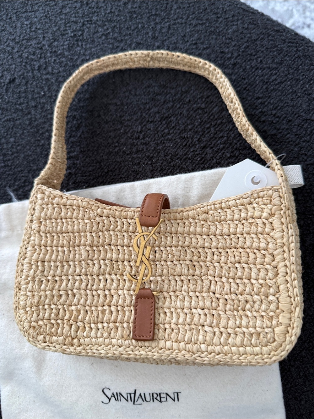 Saint Laurent Natural Raffia Shoulder Bag with Brown Trim and Gold YSL